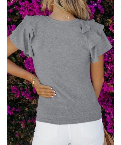 Womens Summer Tops Crewneck Ruffle Short Sleeve T Shirts Casual Slim Fit B Grey $14.30 T-Shirts