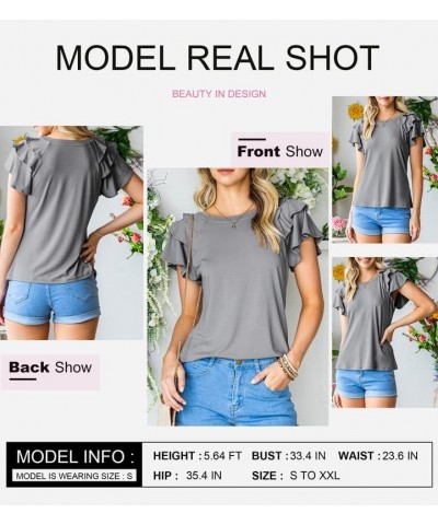 Womens Summer Tops Crewneck Ruffle Short Sleeve T Shirts Casual Slim Fit B Grey $14.30 T-Shirts