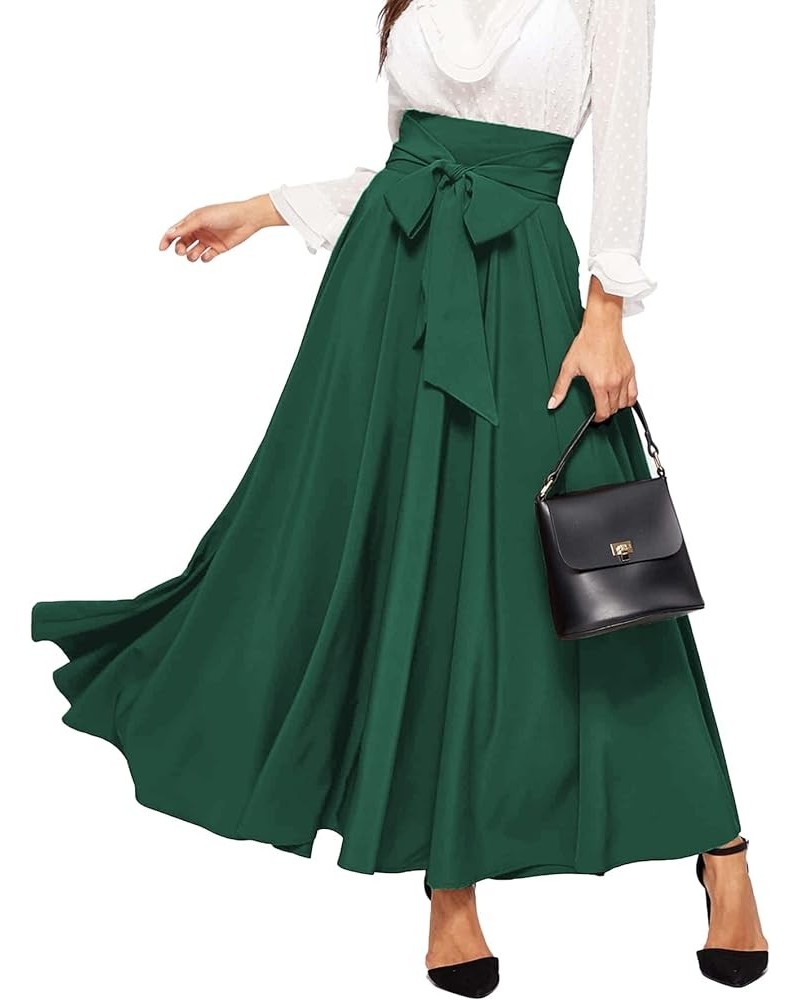 Women's Elegant High Waist Skirt Tie Front Pleated Maxi Skirts Dark Green $30.77 Skirts