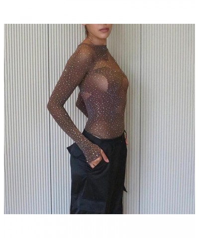 Rhinestone Cut Out Sexy Bodysuit Top for Women 2023 Fashion Slim Long Sleeve Mesh T-shirt One Piece Y2k Jumpsuit Beige $9.17 ...