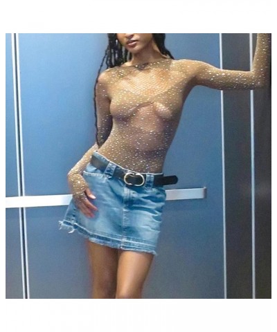 Rhinestone Cut Out Sexy Bodysuit Top for Women 2023 Fashion Slim Long Sleeve Mesh T-shirt One Piece Y2k Jumpsuit Beige $9.17 ...