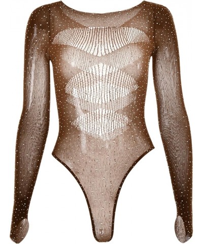 Rhinestone Cut Out Sexy Bodysuit Top for Women 2023 Fashion Slim Long Sleeve Mesh T-shirt One Piece Y2k Jumpsuit Beige $9.17 ...