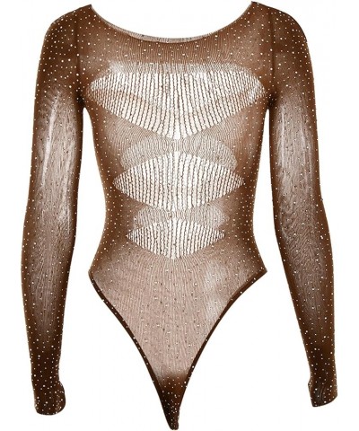 Rhinestone Cut Out Sexy Bodysuit Top for Women 2023 Fashion Slim Long Sleeve Mesh T-shirt One Piece Y2k Jumpsuit Beige $9.17 ...