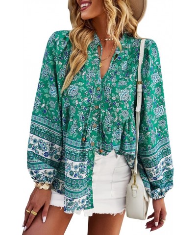 Women's Casual Boho V Neck Top Loose Floral Printed Long Sleeve Beach Shirts Blouses Green-2009 $19.76 Tops