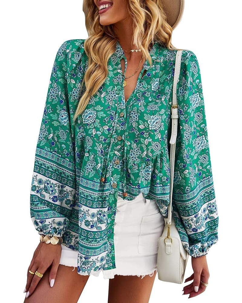 Women's Casual Boho V Neck Top Loose Floral Printed Long Sleeve Beach Shirts Blouses Green-2009 $19.76 Tops