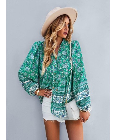 Women's Casual Boho V Neck Top Loose Floral Printed Long Sleeve Beach Shirts Blouses Green-2009 $19.76 Tops