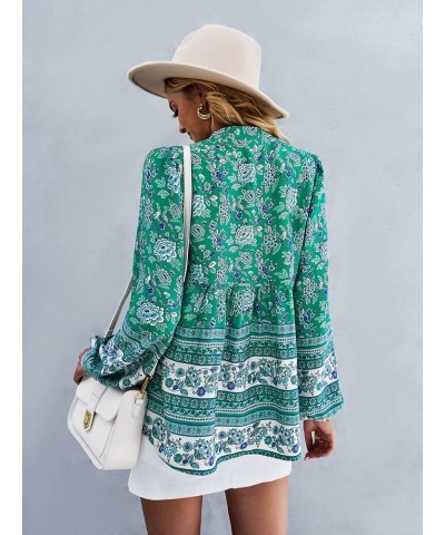 Women's Casual Boho V Neck Top Loose Floral Printed Long Sleeve Beach Shirts Blouses Green-2009 $19.76 Tops