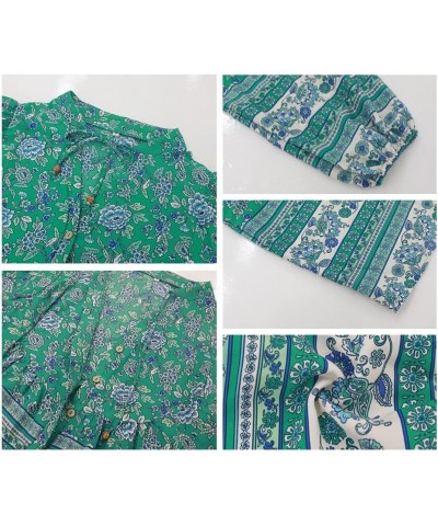 Women's Casual Boho V Neck Top Loose Floral Printed Long Sleeve Beach Shirts Blouses Green-2009 $19.76 Tops