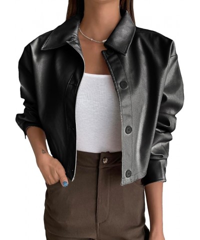 Women's Cropped Faux Leather Jacket Lapel Button Down Oversized Crop Jacket PU Leather Blazer Streetwear Black $24.47 Coats