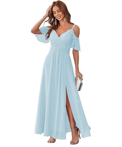 Women's Long Bridesmaid Dress with Slit 2024 Chiffon V Neck Ruffle Sleeves Wedding Formal Evening Dresses Sky Blue $32.49 Dre...