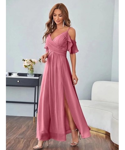 Women's Long Bridesmaid Dress with Slit 2024 Chiffon V Neck Ruffle Sleeves Wedding Formal Evening Dresses Sky Blue $32.49 Dre...