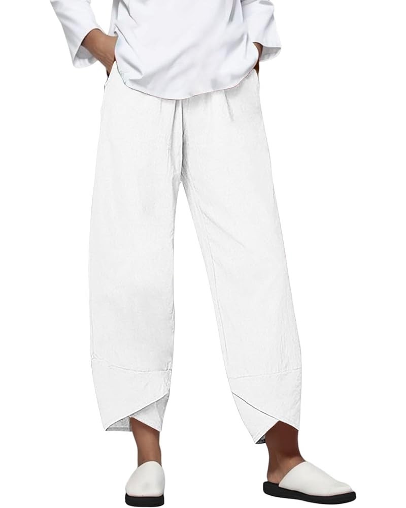 Summer Women Loose Straight Leg Pants Fashion High Waisted Casual Pants Solid Color Linen Trousers with Pockets White 2 $4.96...