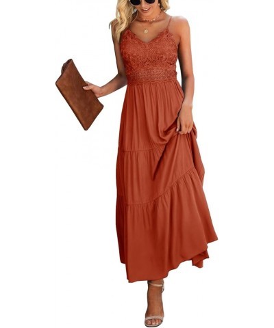 Women's Beach Crochet Lace Maxi Dress Solid Color Summer Vacation Spaghetti Strap Long Dress 2024 Brickred $30.59 Dresses