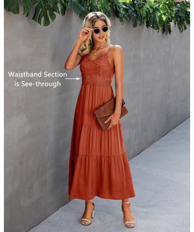 Women's Beach Crochet Lace Maxi Dress Solid Color Summer Vacation Spaghetti Strap Long Dress 2024 Brickred $30.59 Dresses