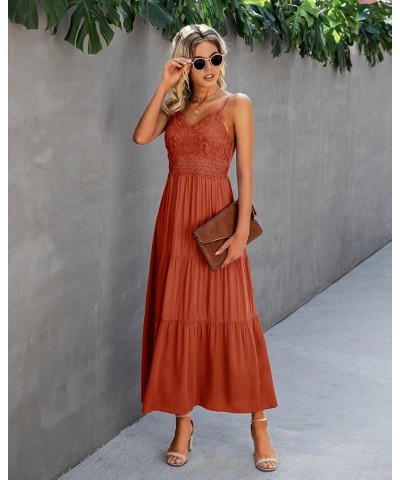 Women's Beach Crochet Lace Maxi Dress Solid Color Summer Vacation Spaghetti Strap Long Dress 2024 Brickred $30.59 Dresses