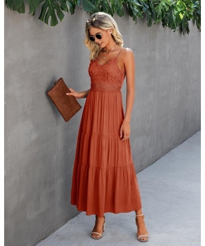 Women's Beach Crochet Lace Maxi Dress Solid Color Summer Vacation Spaghetti Strap Long Dress 2024 Brickred $30.59 Dresses