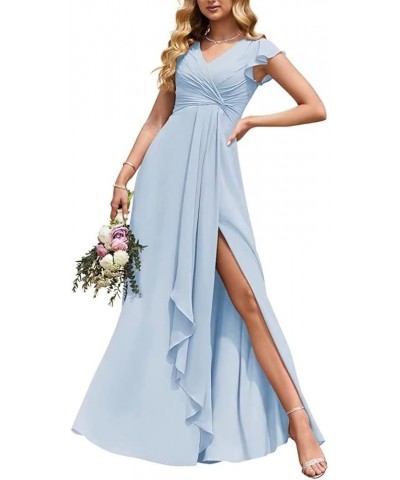 Flowy V Neck Bridesmaid Dresses Ruffle Sleeves Prom Dresses for Women Slit Chiffon Formal Dress Evening Gown Light Blue $34.0...