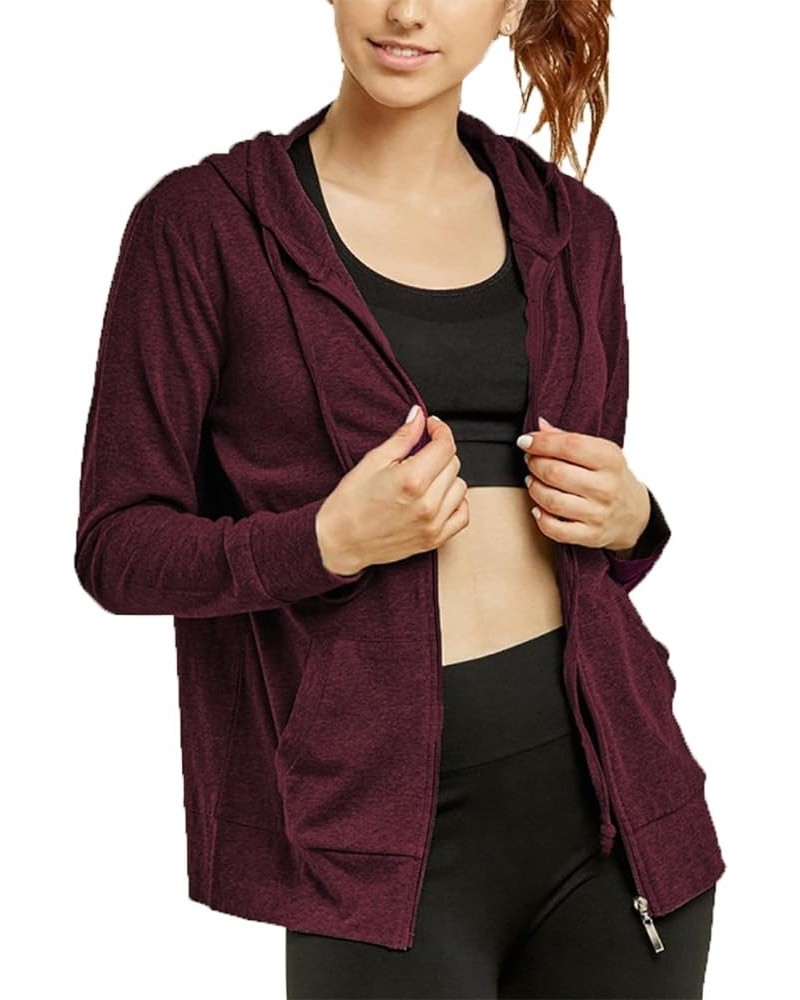 Women's Zip Up Active Yoga Gym Casual Thin Cotton Long Sleeve Jacket Hoodie Burgundy $17.39 Activewear