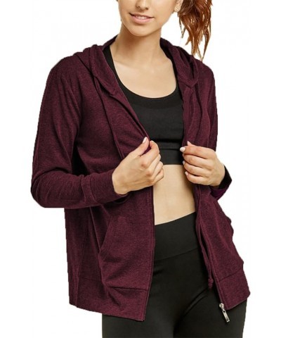 Women's Zip Up Active Yoga Gym Casual Thin Cotton Long Sleeve Jacket Hoodie Burgundy $17.39 Activewear