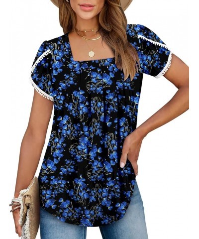 Womens Summer Tops Pleated Short Sleeve Square Neck Tunics Blouses Shirts 2-bright Blue $12.25 Tops