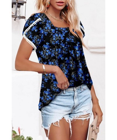 Womens Summer Tops Pleated Short Sleeve Square Neck Tunics Blouses Shirts 2-bright Blue $12.25 Tops