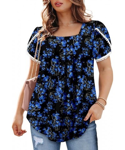 Womens Summer Tops Pleated Short Sleeve Square Neck Tunics Blouses Shirts 2-bright Blue $12.25 Tops