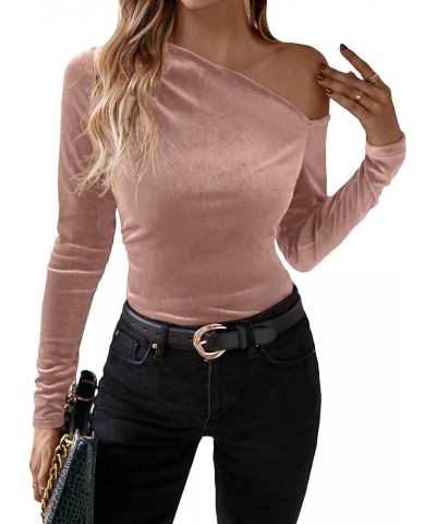 Women's Asymmetrical Neck Long Sleeve Slim Fit Party Velvet Tee Top Pink $14.19 T-Shirts