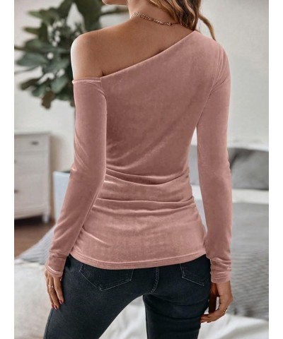 Women's Asymmetrical Neck Long Sleeve Slim Fit Party Velvet Tee Top Pink $14.19 T-Shirts