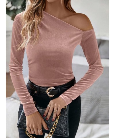 Women's Asymmetrical Neck Long Sleeve Slim Fit Party Velvet Tee Top Pink $14.19 T-Shirts