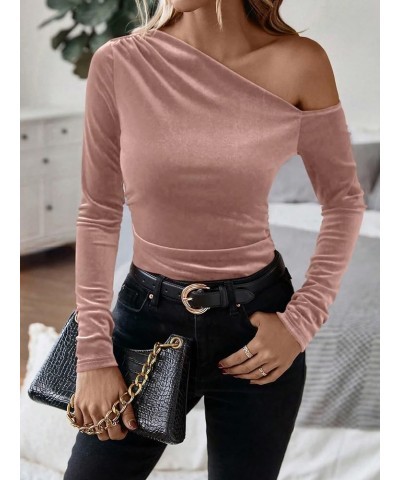 Women's Asymmetrical Neck Long Sleeve Slim Fit Party Velvet Tee Top Pink $14.19 T-Shirts