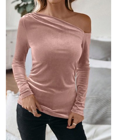 Women's Asymmetrical Neck Long Sleeve Slim Fit Party Velvet Tee Top Pink $14.19 T-Shirts