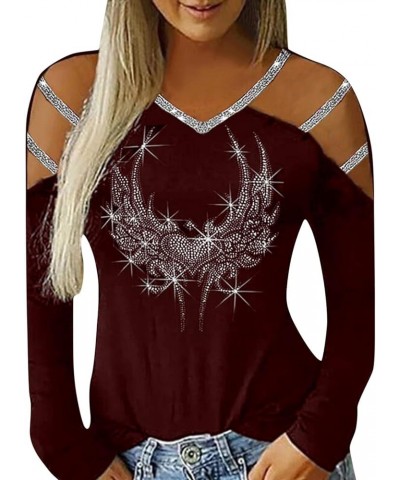 Long Sleeve Bling Tops for Women Women's Casual Rhinestone Graphic Blouse Sexy Side Split Tops Ladies Red $6.95 Blouses