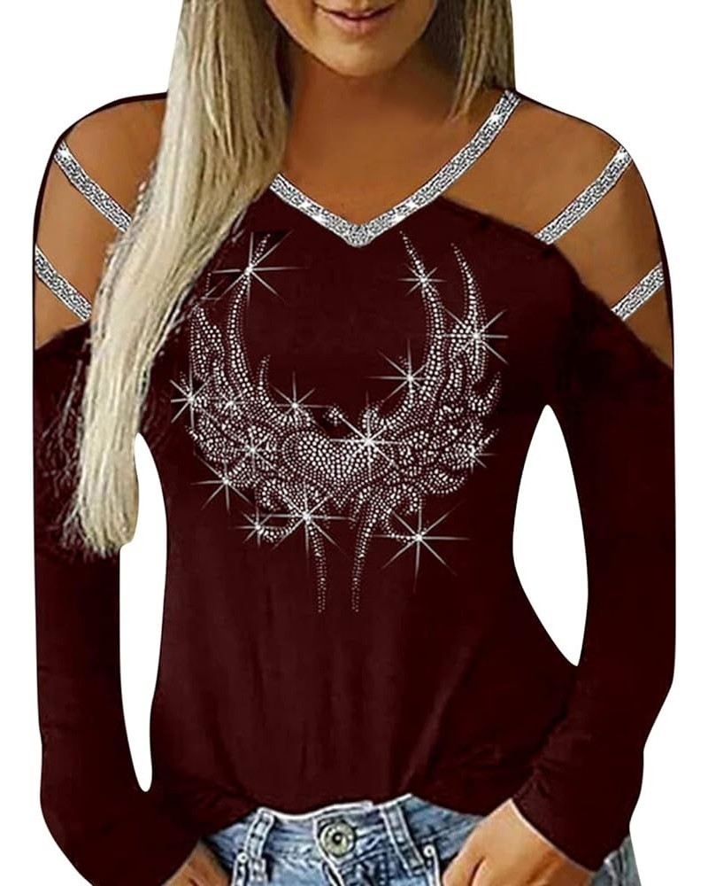 Long Sleeve Bling Tops for Women Women's Casual Rhinestone Graphic Blouse Sexy Side Split Tops Ladies Red $6.95 Blouses