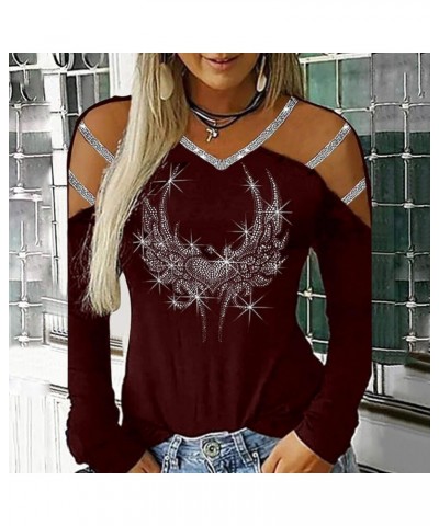 Long Sleeve Bling Tops for Women Women's Casual Rhinestone Graphic Blouse Sexy Side Split Tops Ladies Red $6.95 Blouses