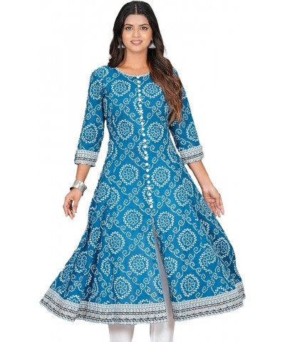 Women's Cotton Bandhani Anarkali Kurta for Mother's Day Blue $19.38 Tops