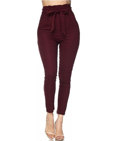 Women's Casual High Rise Bow-Tie Paper Bag Waist Pants with Spandex Burgundy $15.84 Pants