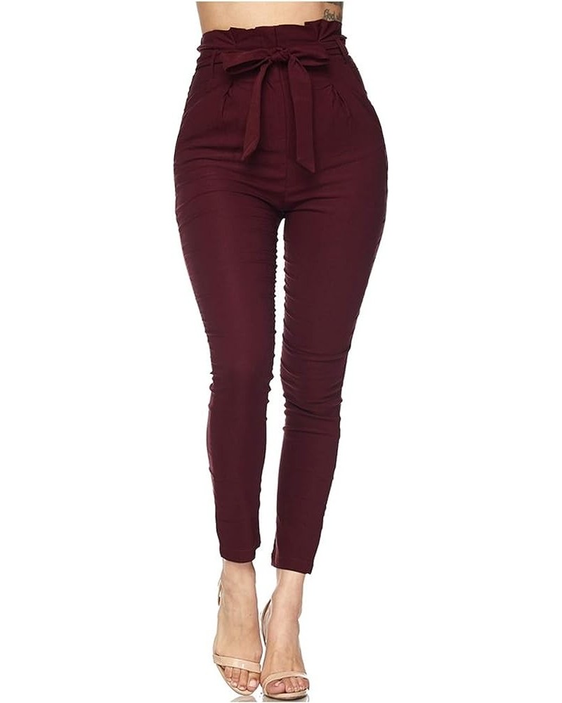 Women's Casual High Rise Bow-Tie Paper Bag Waist Pants with Spandex Burgundy $15.84 Pants