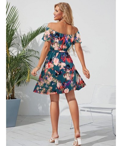 Womens Off Shoulder Ruffle Floral Summer Wedding Guest Dresses A Line Shift Short Skater Dress with Belt Blue Abstract Floral...