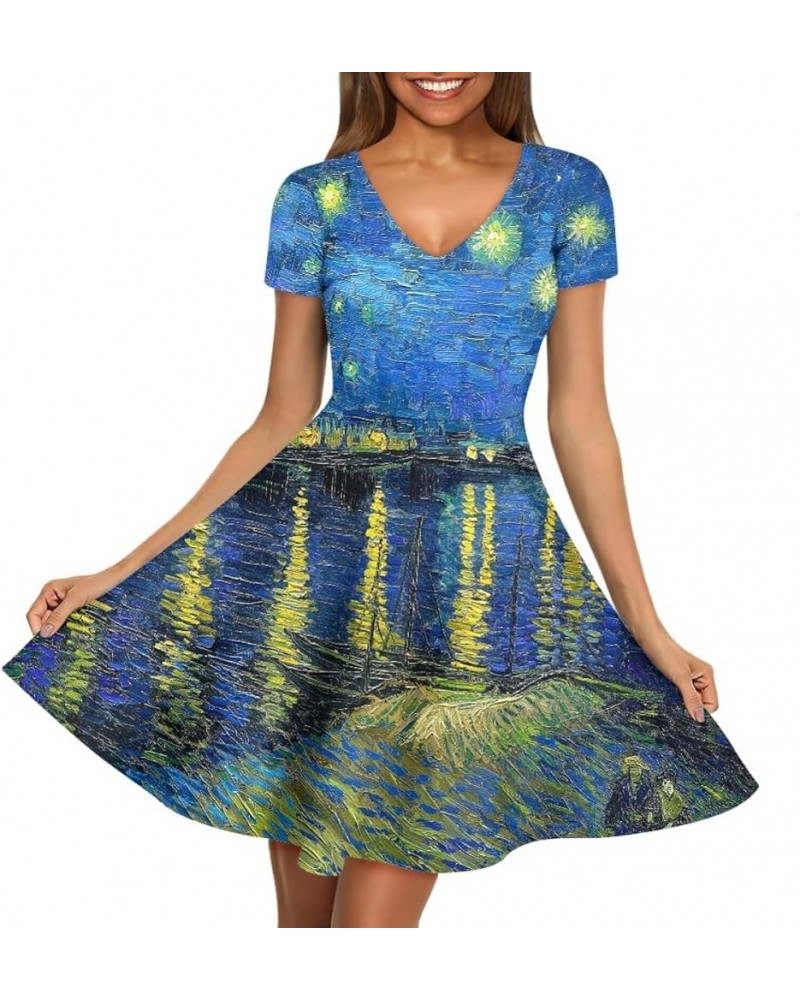 Women's Casual 3D Print V-Neck Short Sleeve Loose Flowy Swing Van Gogh Dress Starry Night on the Rhone $15.00 Dresses