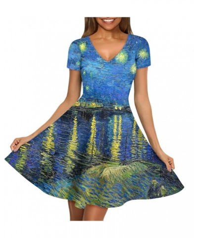 Women's Casual 3D Print V-Neck Short Sleeve Loose Flowy Swing Van Gogh Dress Starry Night on the Rhone $15.00 Dresses