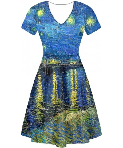 Women's Casual 3D Print V-Neck Short Sleeve Loose Flowy Swing Van Gogh Dress Starry Night on the Rhone $15.00 Dresses