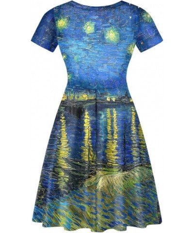 Women's Casual 3D Print V-Neck Short Sleeve Loose Flowy Swing Van Gogh Dress Starry Night on the Rhone $15.00 Dresses