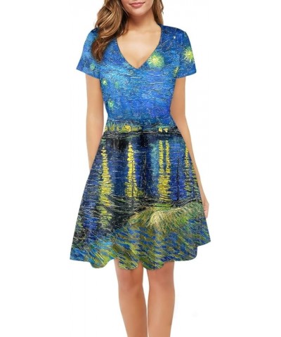 Women's Casual 3D Print V-Neck Short Sleeve Loose Flowy Swing Van Gogh Dress Starry Night on the Rhone $15.00 Dresses