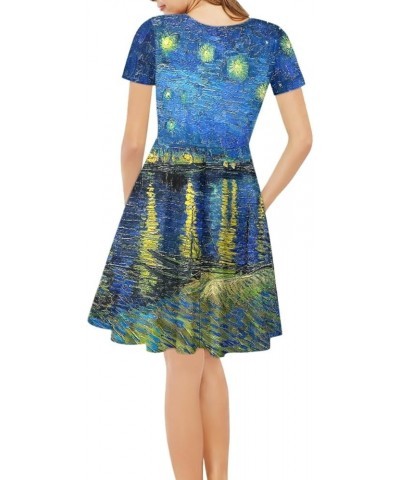 Women's Casual 3D Print V-Neck Short Sleeve Loose Flowy Swing Van Gogh Dress Starry Night on the Rhone $15.00 Dresses