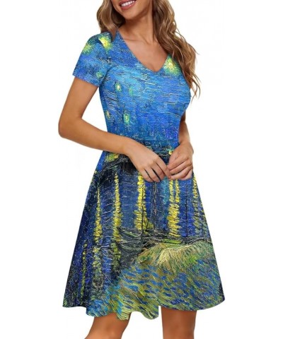 Women's Casual 3D Print V-Neck Short Sleeve Loose Flowy Swing Van Gogh Dress Starry Night on the Rhone $15.00 Dresses