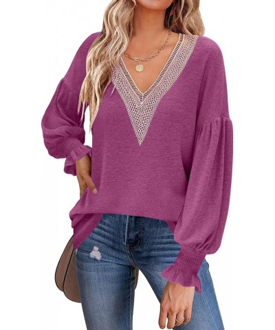 Women's 2023 Causal Balloon Long Sleeve Shirts Tops Dressy Lace V Neck Smocked Cuffs Loose Blouses Fuchsia $9.27 Blouses