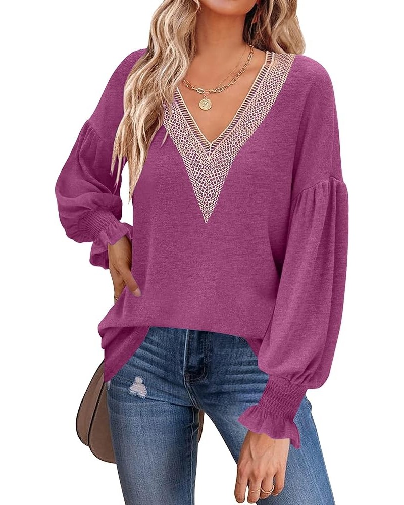 Women's 2023 Causal Balloon Long Sleeve Shirts Tops Dressy Lace V Neck Smocked Cuffs Loose Blouses Fuchsia $9.27 Blouses