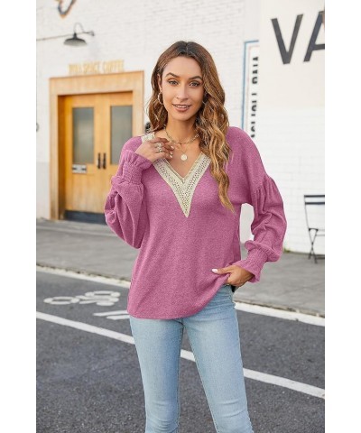 Women's 2023 Causal Balloon Long Sleeve Shirts Tops Dressy Lace V Neck Smocked Cuffs Loose Blouses Fuchsia $9.27 Blouses