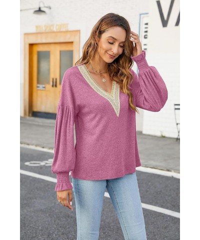 Women's 2023 Causal Balloon Long Sleeve Shirts Tops Dressy Lace V Neck Smocked Cuffs Loose Blouses Fuchsia $9.27 Blouses