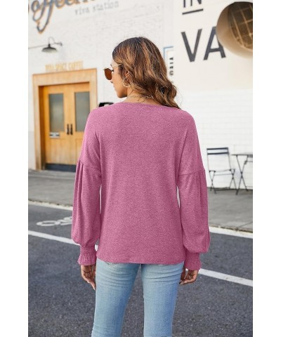 Women's 2023 Causal Balloon Long Sleeve Shirts Tops Dressy Lace V Neck Smocked Cuffs Loose Blouses Fuchsia $9.27 Blouses